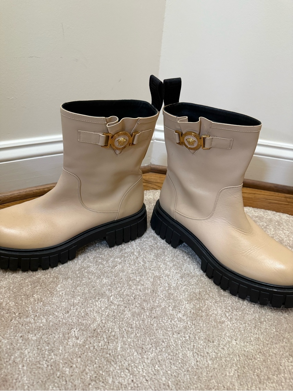 Versace Beige Leather Lace-Up Boots with Gold Medallion